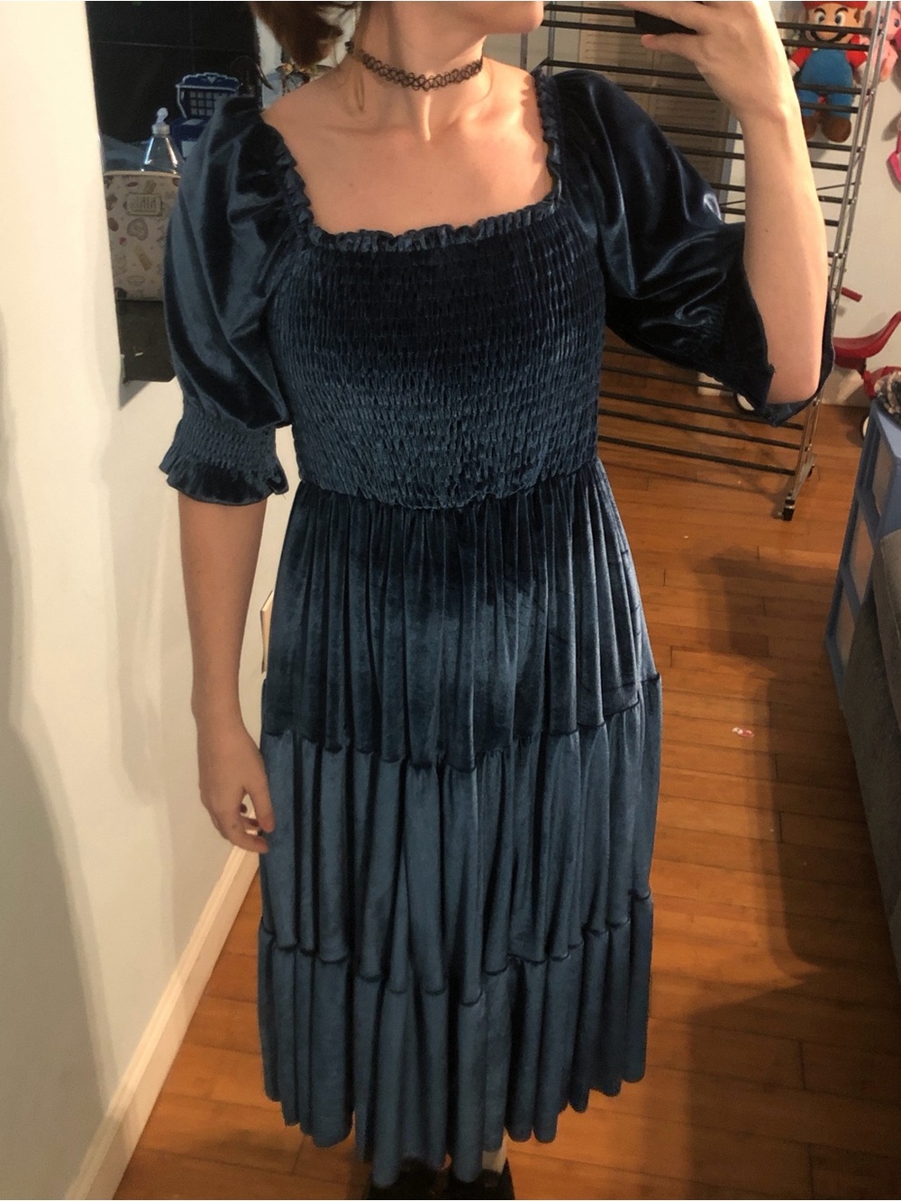 Women’s Velvet Smocked Midi Dress in Deep Blue